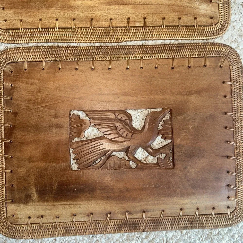 Vtg 60s Indonesian Placemats Hand Carved Birds Fish Wooden Wicker Set of 6‎